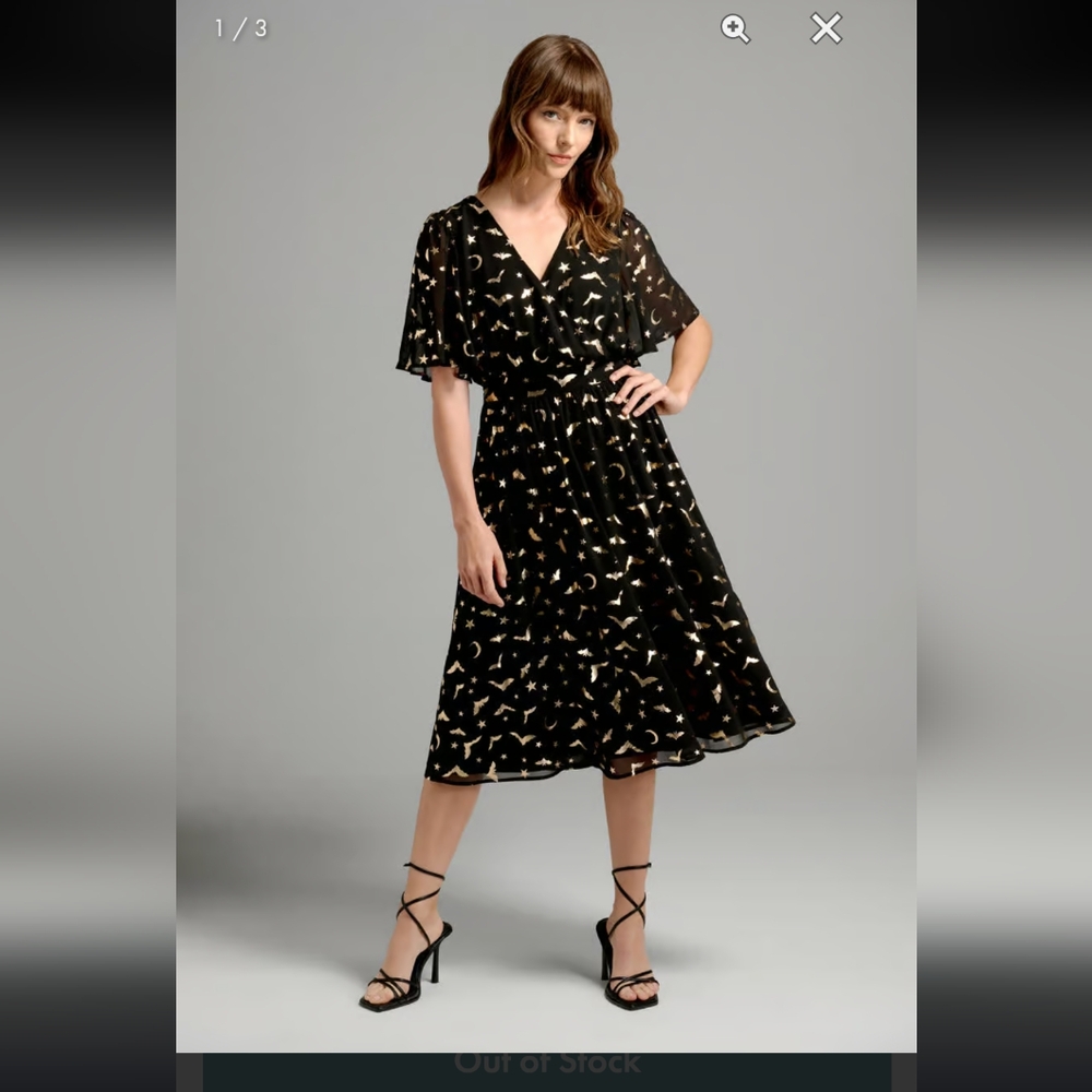 MODCLOTH Fluttering Wings Black Chiffon Witch Dress, 1X, Like New, Metallic Moon